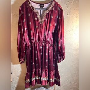 Shyanne Burgandy Maroon Western Southwestern Patterned Long Sleeve Dress XL